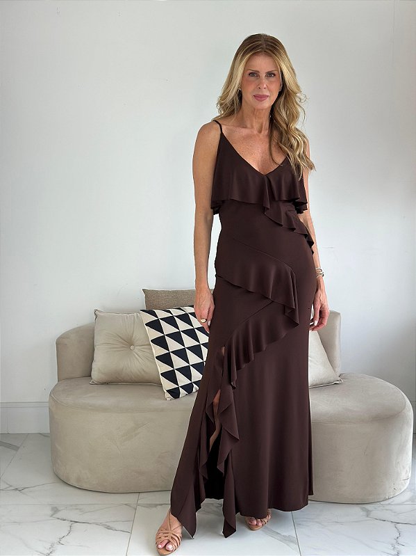 VESTIDO BABADOS MARROM