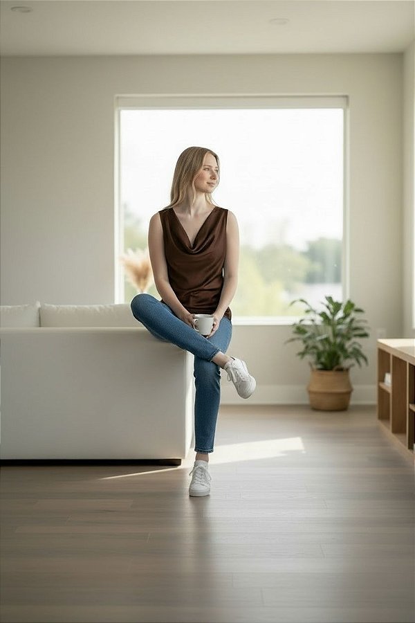 BLUSA CETIM GOLA BOBA MARROM