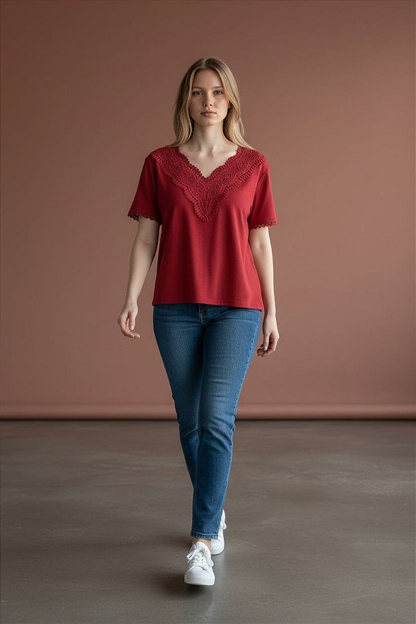 BLUSA DECOTE V GUIPIR VERMELHO