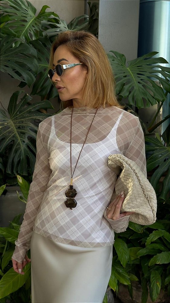 BLUSA XADREZ TULE BEGE