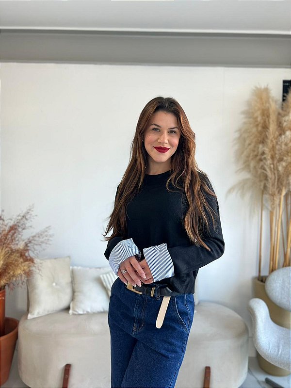 BLUSA MODAL COM TRICOLINE PRETO
