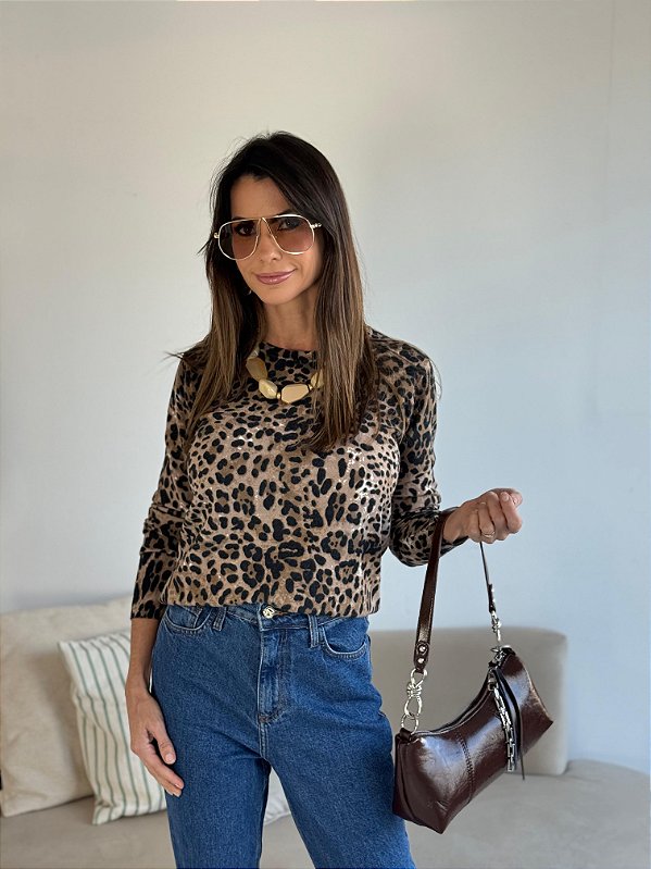 BLUSA MODAL ANIMAL PRINT MARROM