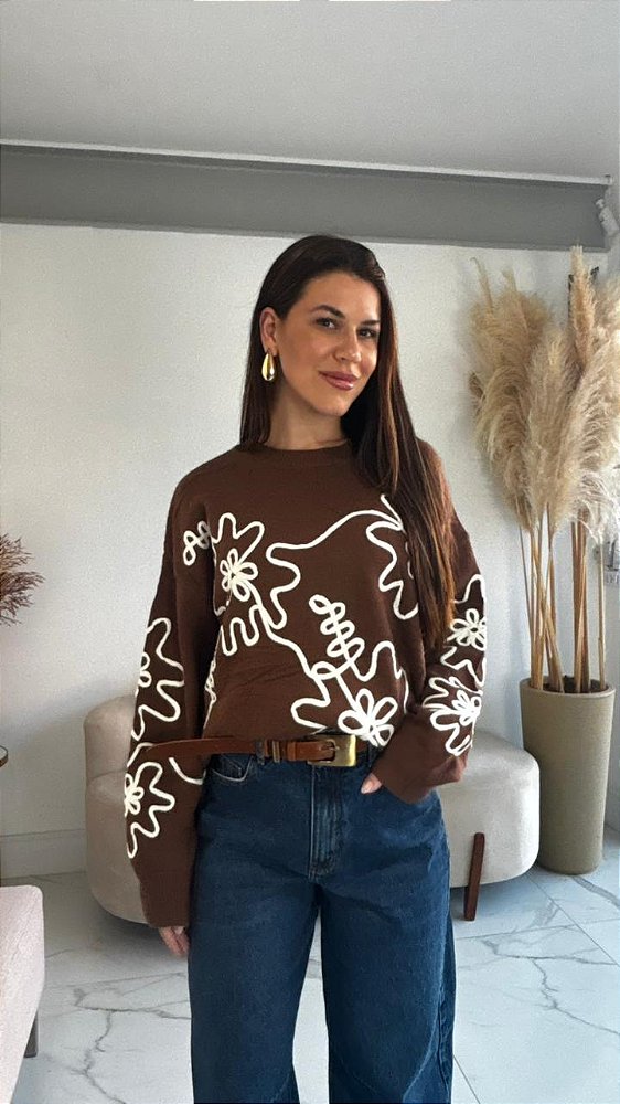 BLUSA MODAL BORDADO OFF/MARROM