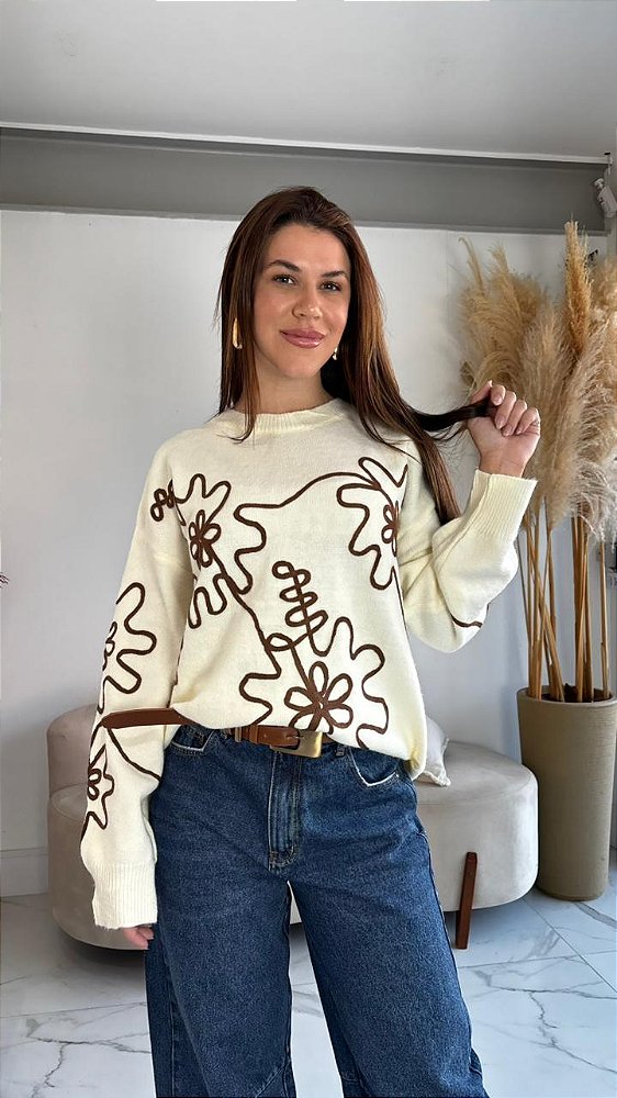 BLUSA MODAL BORDADO MARROM/OFF