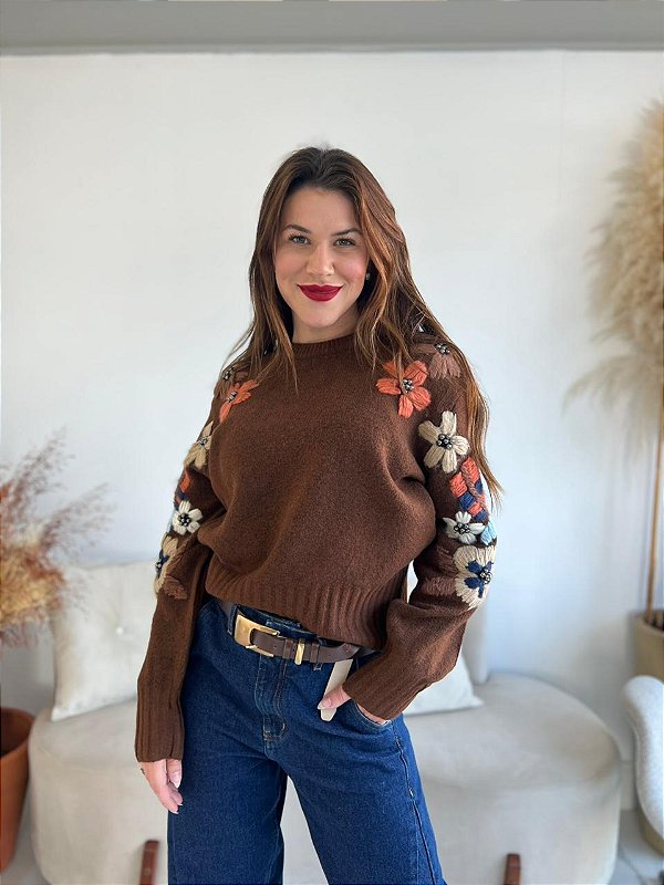 BLUSA MODAL BORDADO FLOR MARROM