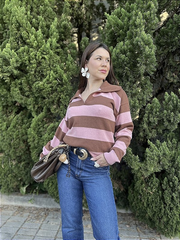 BLUSA MODAL LISTRA ROSA/MARROM
