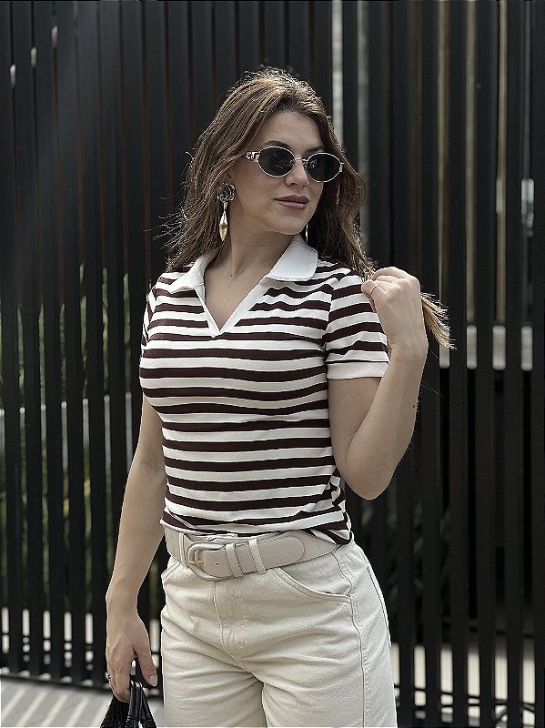 BLUSA POLO LISTRAS ELIS MARROM