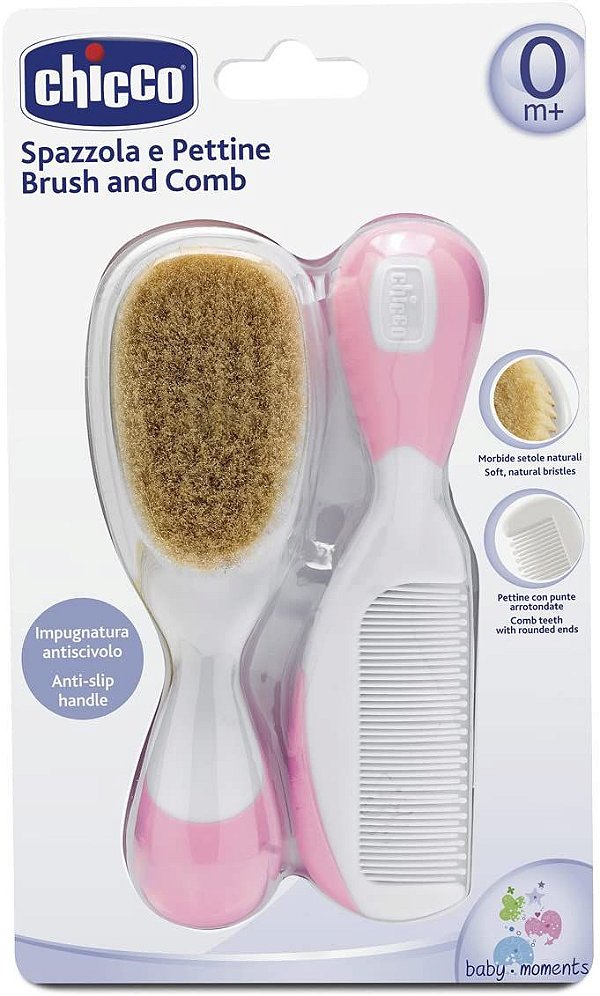 Kit de Escova e pente com cerdas naturais (rosa) - Chicco