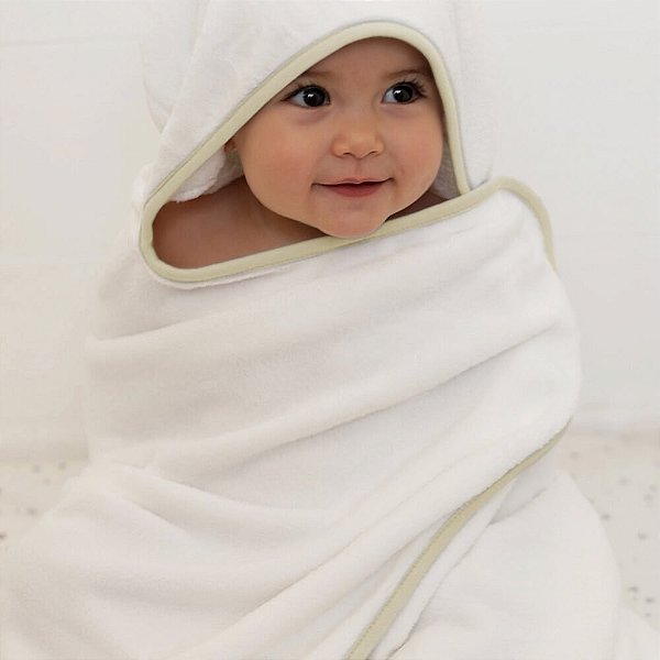 Toalha de banho Comfort Power Sec ultra macia branco e bege- Laço Bebê -  Baby Buys Brasil