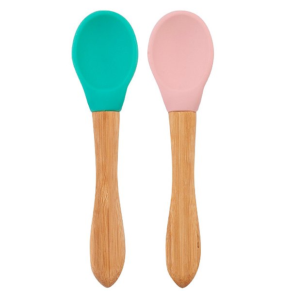 Conjunto Colheres Bambu e Silicone Verde e Rosa - Minikoioi