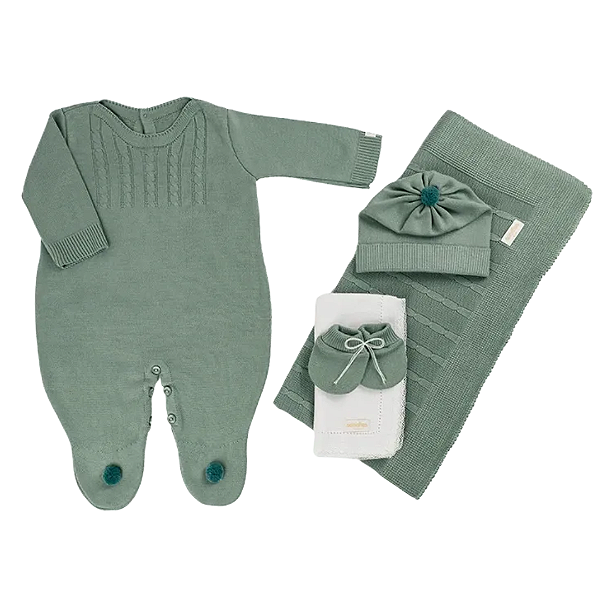 Kit de Saída Maternidade Macacão Verde Militar 5 peças - Sanches Baby
