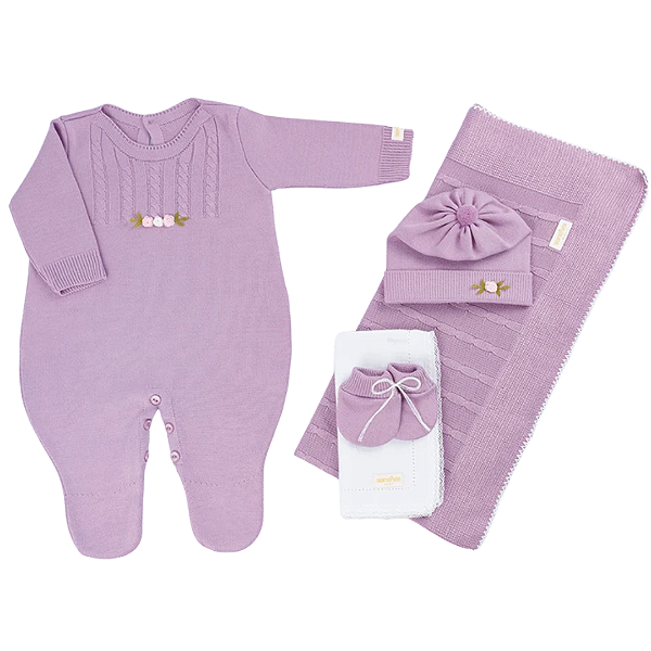 Kit de Saída Maternidade Macacão Floral Lilás 5 peças - Sanches Baby