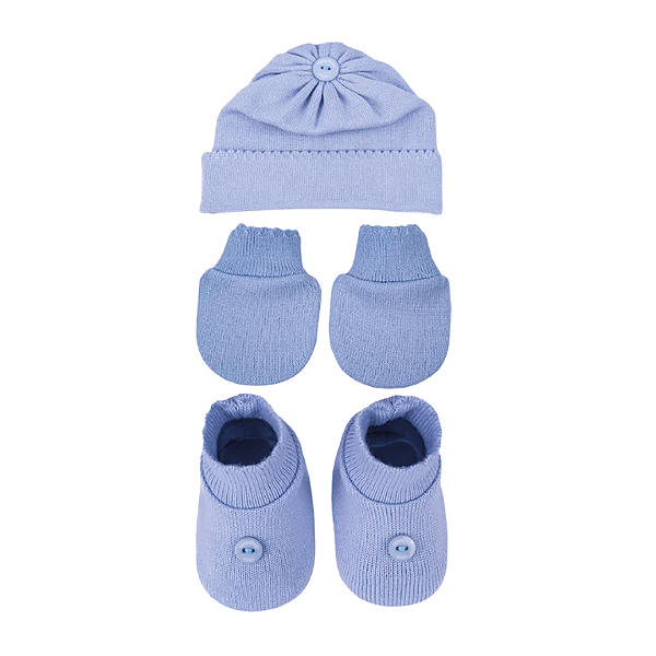 Kit 3 Peças de tricot Botão Azul Celeste - Sanches Baby