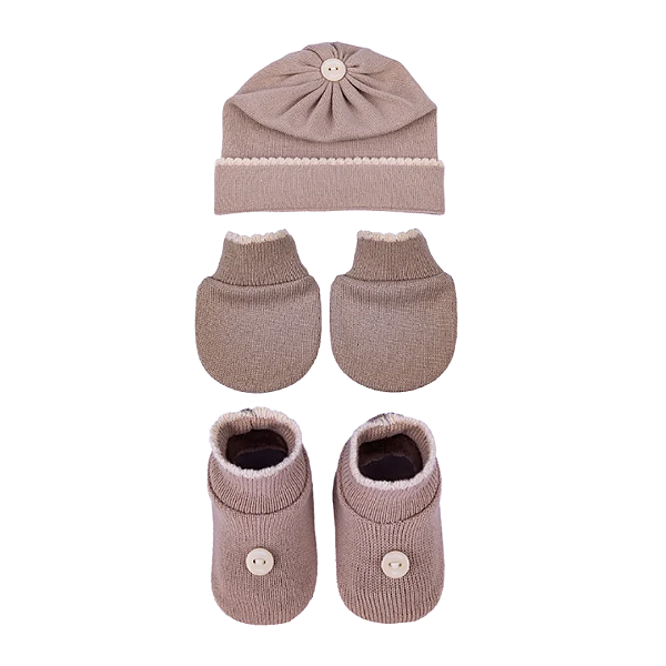 Kit 3 Peças de Tricot Botão Bege com Natural - Sanches Baby