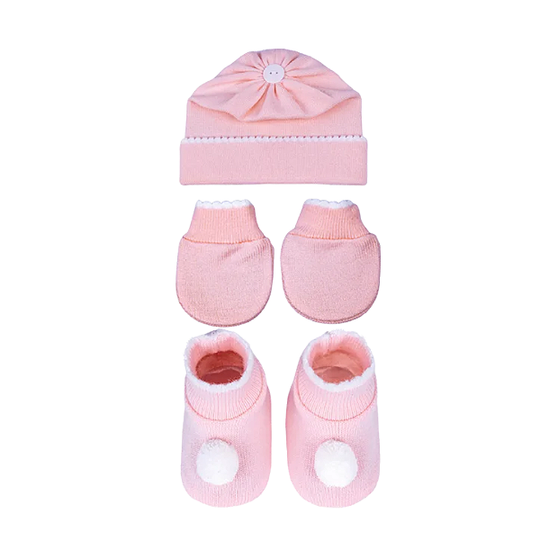 Kit 3 Peças Touca, Luva e Sapatinho Rosa com Branco Pompom - Sanches Baby