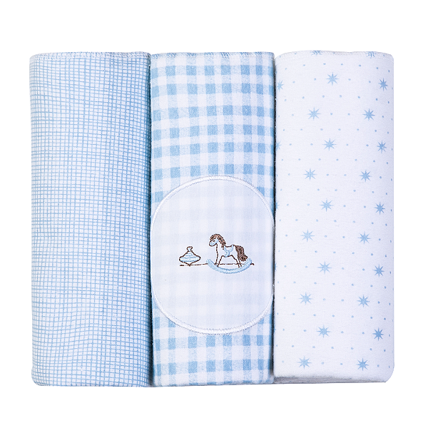 Cueiro Manta Flanelado Bordados Cavalo de Madeira 3 unid - Papi