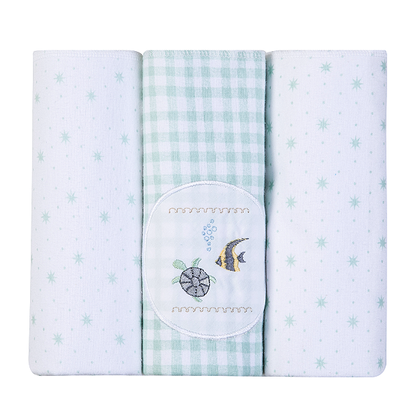 Cueiro Manta Flanelado Bordados Fundo do Mar 3 unid - Papi