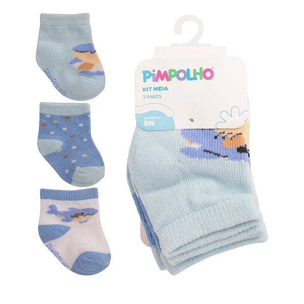 Kit Meia Bebê com 3 Pares Tam RN até nº 15 Tubarão Azul, Poá - Pimpolho