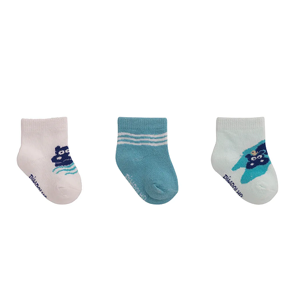 Kit Meia Bebê com 3 Pares Tam RN até nº 15 Azul Hipopótamo - Pimpolho