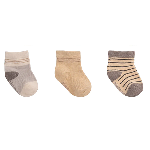 Kit Meia Bebê com 3 Pares Tam RN até nº 15 Cinza, Bege, Listras- Pimpolho