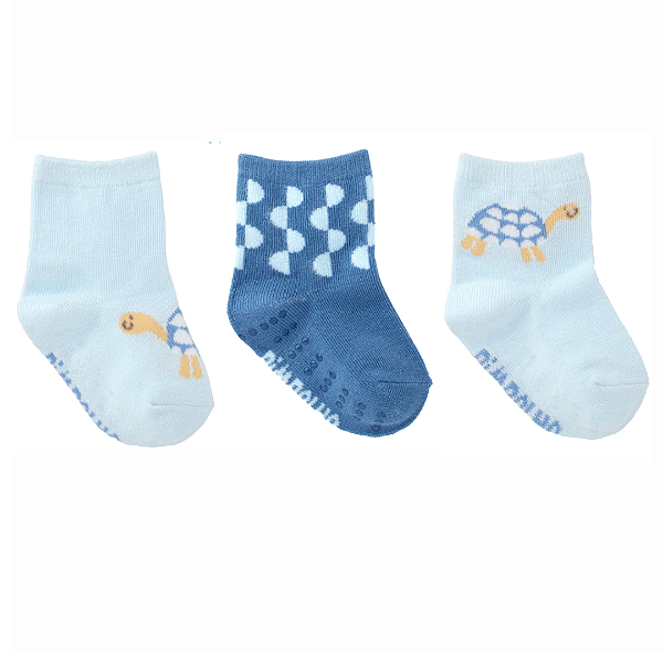 Kit Meia Bebê com 3 Pares Tam 16 - 20 Azul Tartaruga, Geométrica - Pimpolho