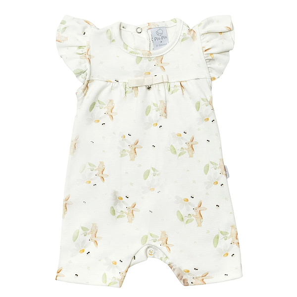 Macacão Curto Algodão Egípcio Coelho Margaridas - Piu Piu