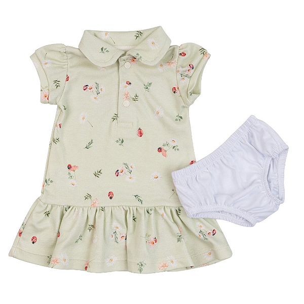 Vestido Gola Polo verde floral com Tapa Fralda - COQUELICOT