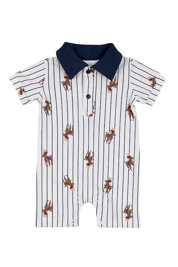 Macacão Curto Romper com Gola Polo Cavalos - Coquelicot