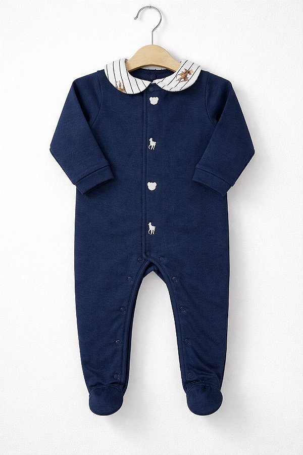 Macacão longo com Gola Azul Marinho - Cavalos e Ursinhos - Coquelicot