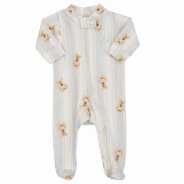 Macacão longo com zíper Listrado Azul Claro e Ursos - Coquelicot