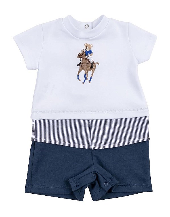 Macacão Curto Romper Branco e Azul Urso e Cavalo Polo - Coquelicot
