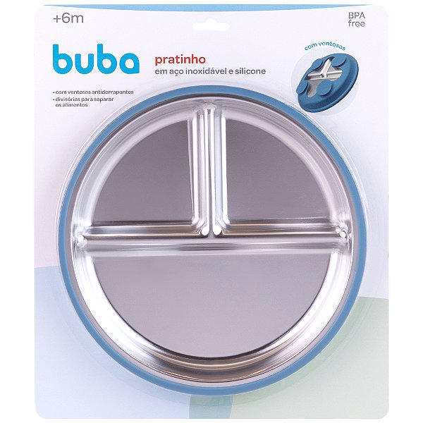 Pratinho em Aço Inoxidável E Silicone com Ventosa Azul - Buba