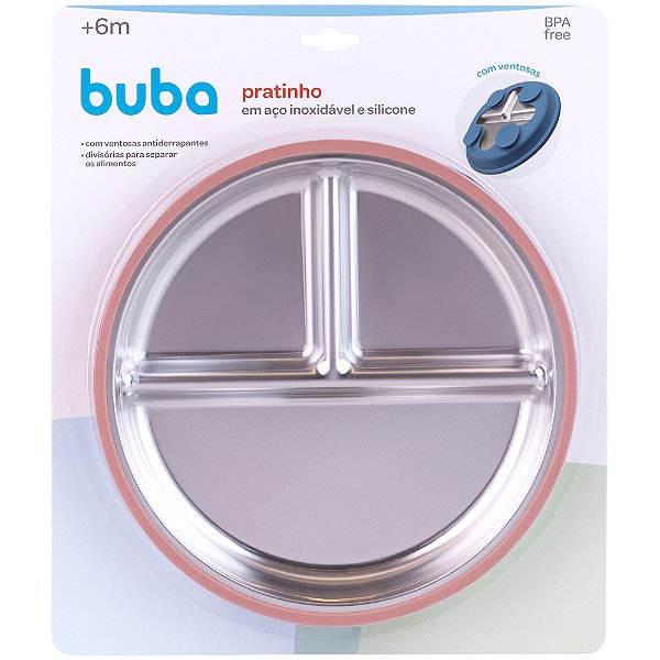 Pratinho em Aço Inoxidável E Silicone com Ventosa Rosa - Buba