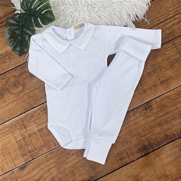 Conjunto Body Manga Longa e Calça Quadriculado Branco 0 a 3 meses 100% Algodão