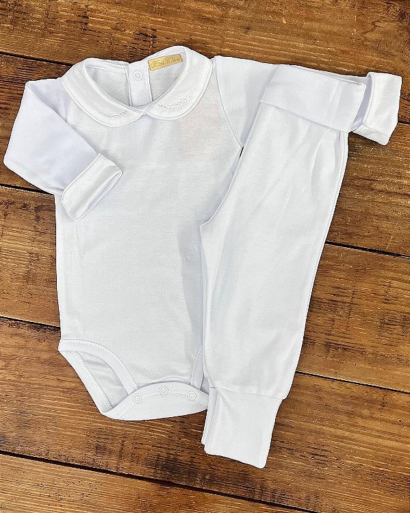 Conjunto Body Manga Longa e Calça Trigo Branco 0 a 3 meses 100% Algodão