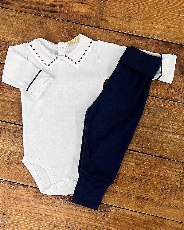 Conjunto Body Manga Longa e Calça Losango Branco Marinho 0 a 3 meses 100% Algodão