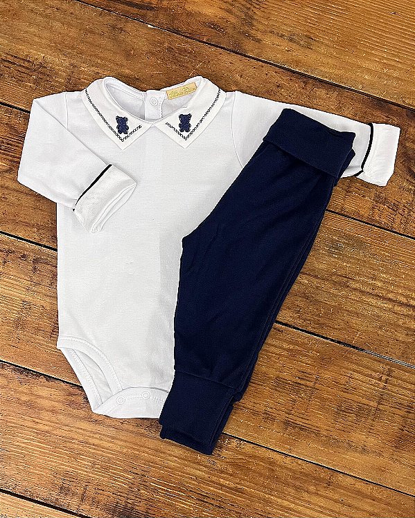 Conjunto Body Manga Longa e Calça Ursinho Branco Marinho 0 a 3 meses 100% Algodão