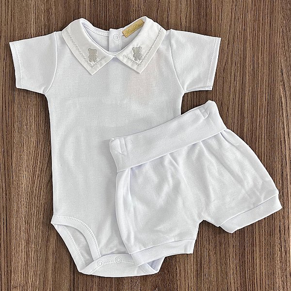 Conjunto Body Curto com Shorts Branco Ursinho 0 a 3 meses - 100% Algodão