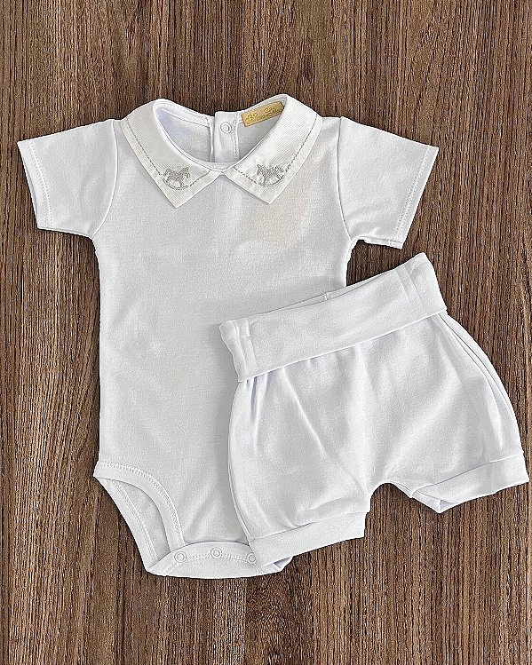 Conjunto Body Curto com Shorts Branco Cavalinho 0 a 3 meses - 100% Algodão