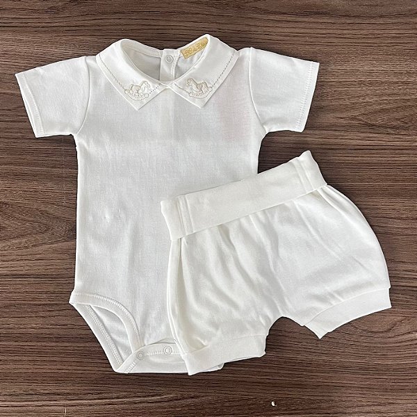 Conjunto Body Curto com Shorts Offwhite Cavalinho 0 a 3 meses - 100% Algodão