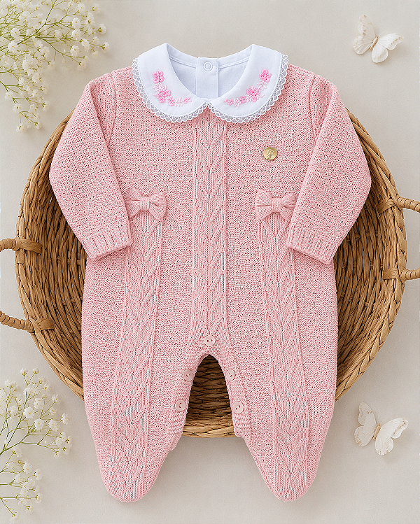 Macacão de tricot rosa Layla com body com gola redonda