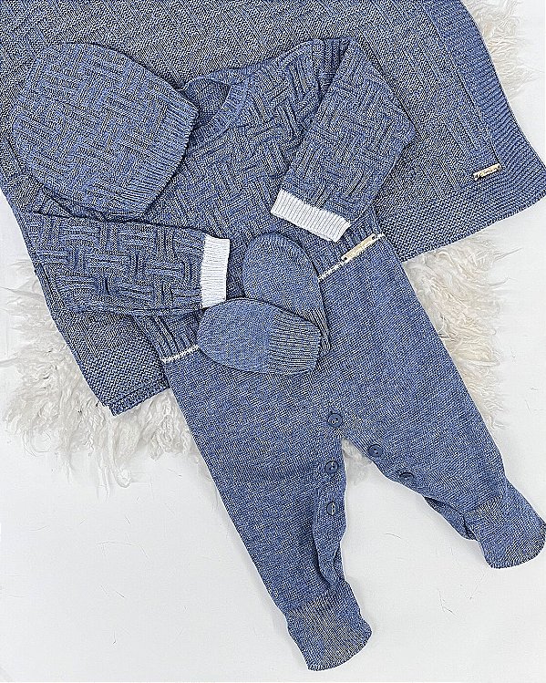 Saída Maternidade Menino Ale em Tricô Azul Jeans - 5 peças