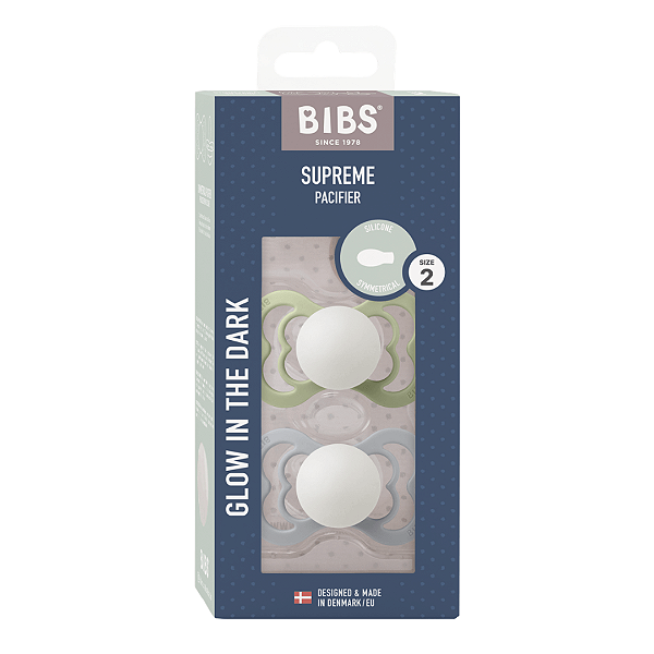 Chupetas Brilham no Escuro Verde Sálvia e Cinza Nuvem Tam 2 (Kit com duas) - Bibs