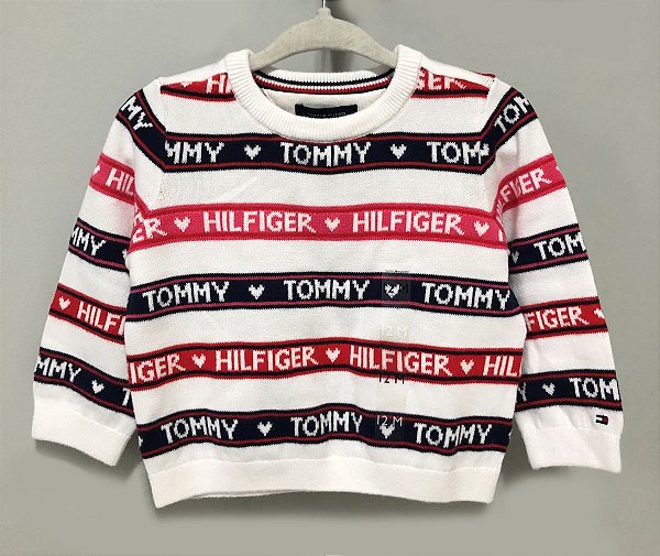 Suéter Tommy Hilfiger Branco com Listras Rosa e Preta