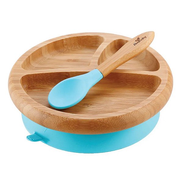 Prato de Bambu com Divisória, Ventosa e Colher Azul - Avanchy