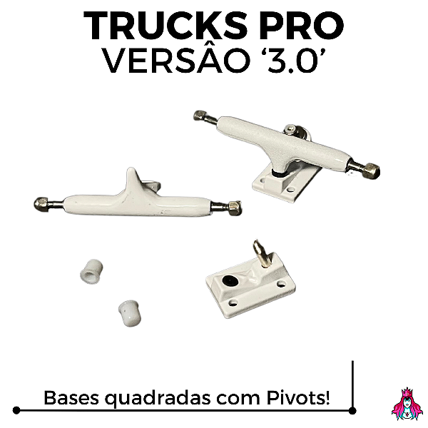 (NOVO) Par de Trucks Completos da Custom modelo *PRO 3.0* medida 34mm cor White (Com Bases Quadradas & Pivot Cups)