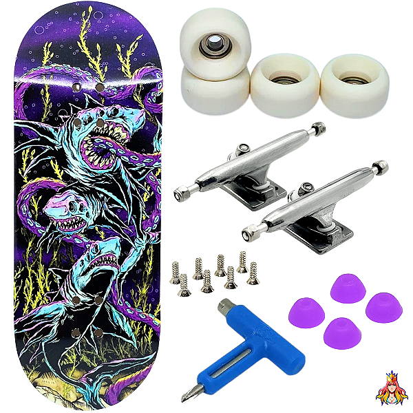 Fingerboard Premium Custom 34mm - Sharks - Trucks Leefai G4 - Rodas Urethane PRO 65D