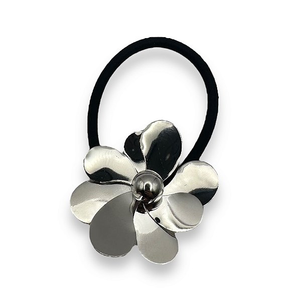 Elástico Evelina prateado | Elástico de cabelo de metal com flor prateada