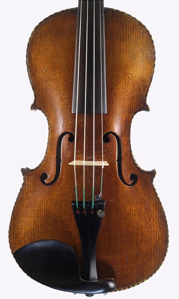 Violino copia de Stainer, marchetado e com cabeça de leão.
