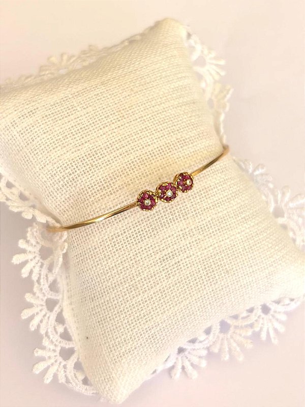 PULSEIRA TIPO BRACELETE FLORES RUBI E DIAMANTE